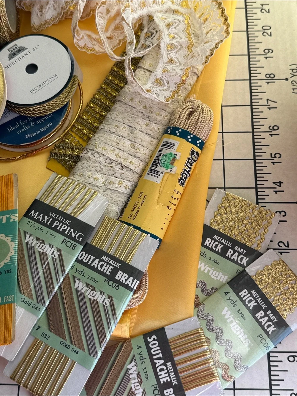 Vintage Gold Trim Ribbon Lace Wright’s Metallic Braid Craft Sewing Lot Satin